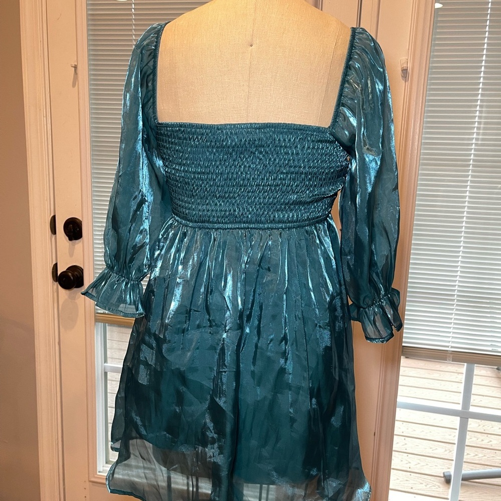 Teal Satin Mini Dress Puff Sleeve Square Neck Party XS - Picture 5 of 8
